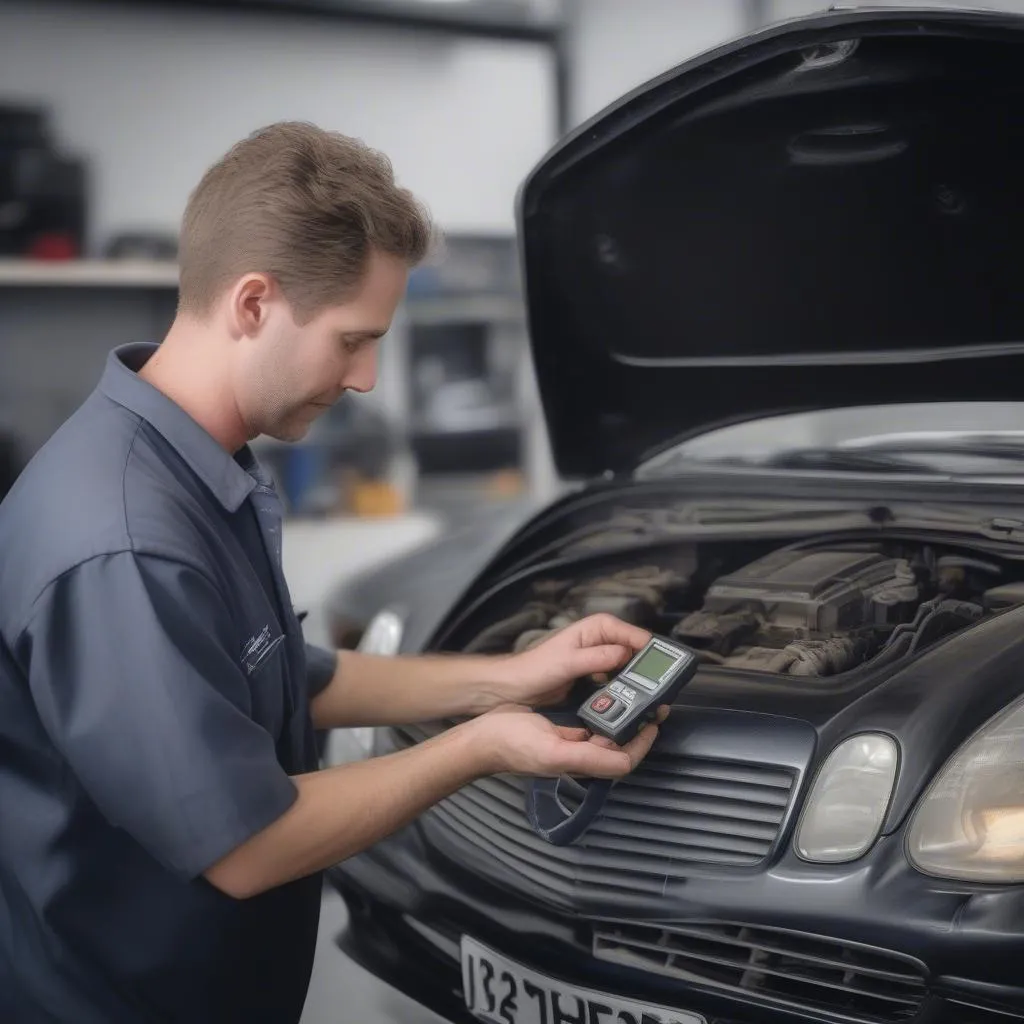 Mechanic Using a Pre-OBD2 Scanner on a Mercedes