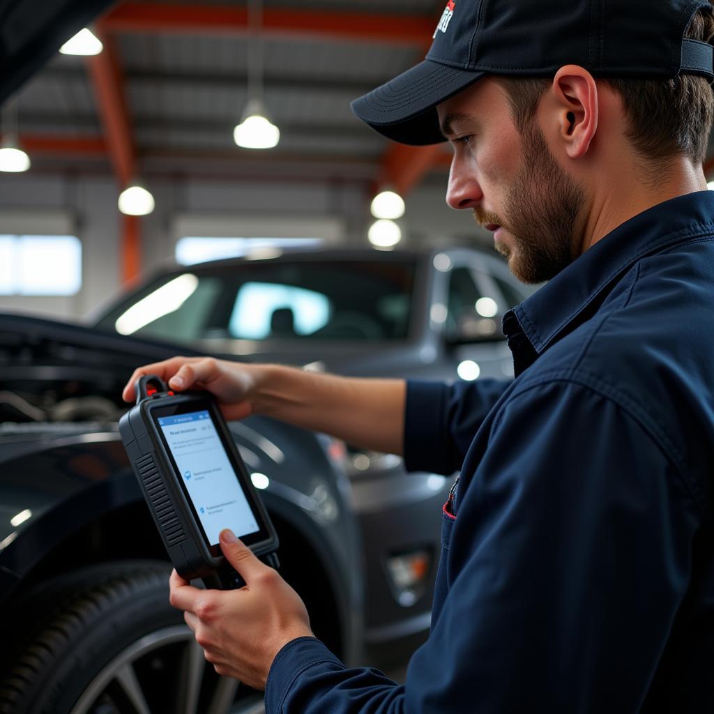 Mechanic Using Prise OBD2 Bluetooth Scanner in Workshop