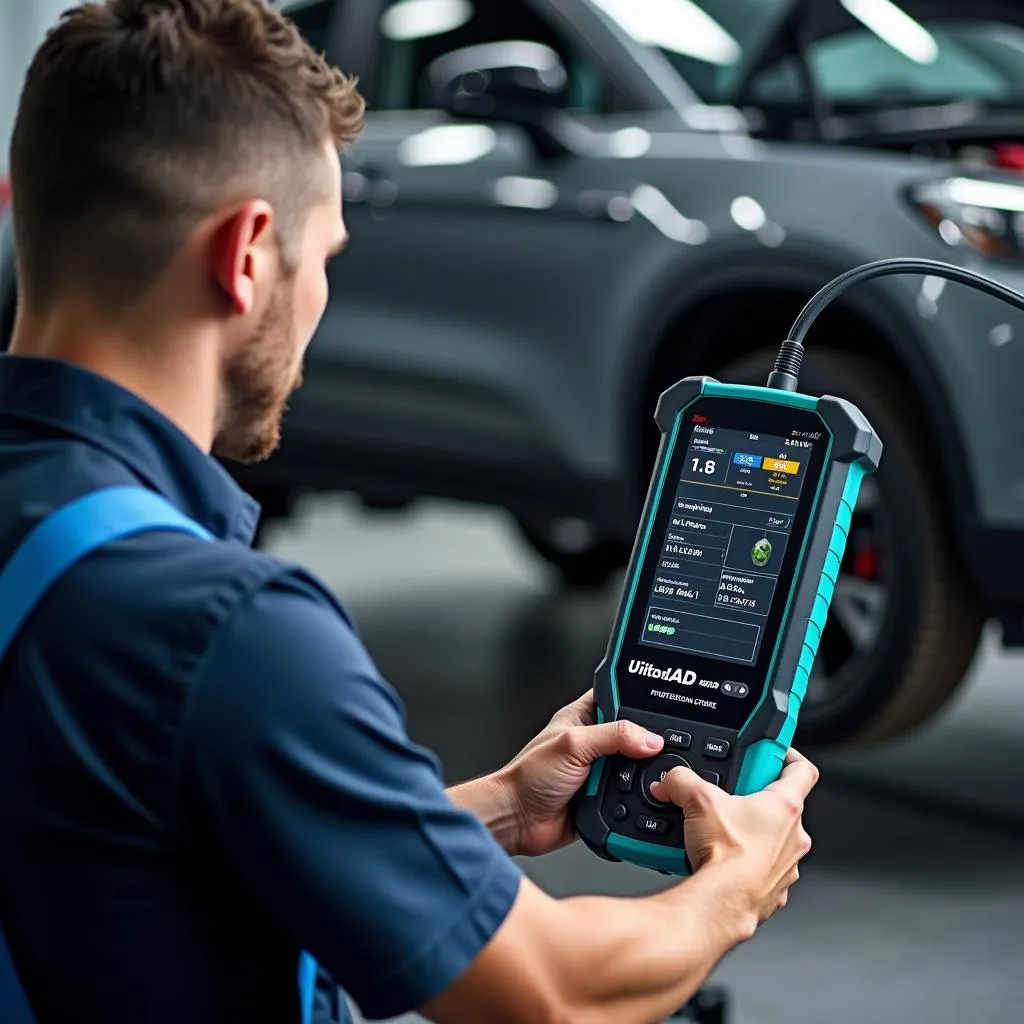 Mechanic Utilizing a Professional-Grade OBD2 Scanner for In-Depth Vehicle Diagnostics