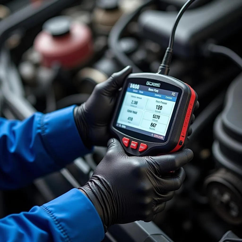 Mechanic Diagnosing Car with Advanced OBD2 Scanner