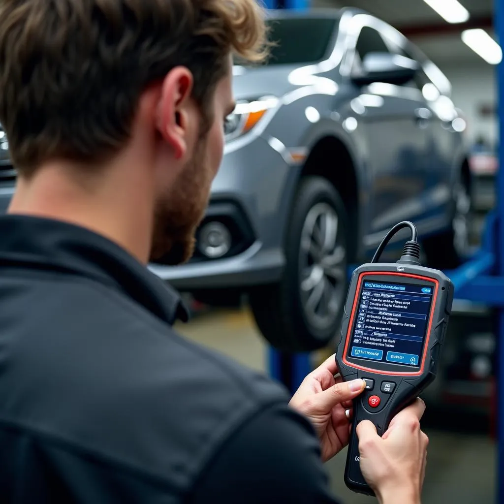 Mechanic using a professional OBD2 scanner to diagnose transmission issues