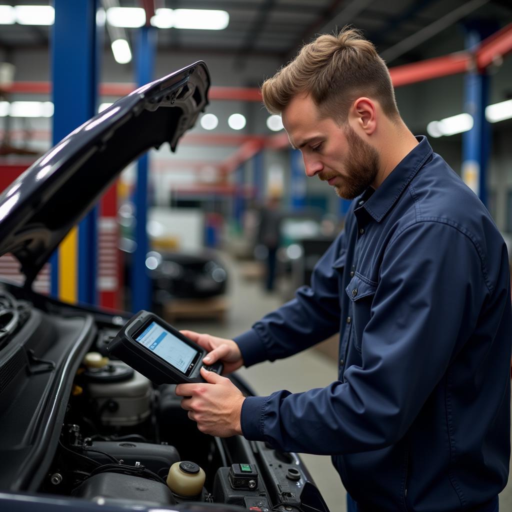 Mechanic Diagnosing a Car with an OBD2 Scanner