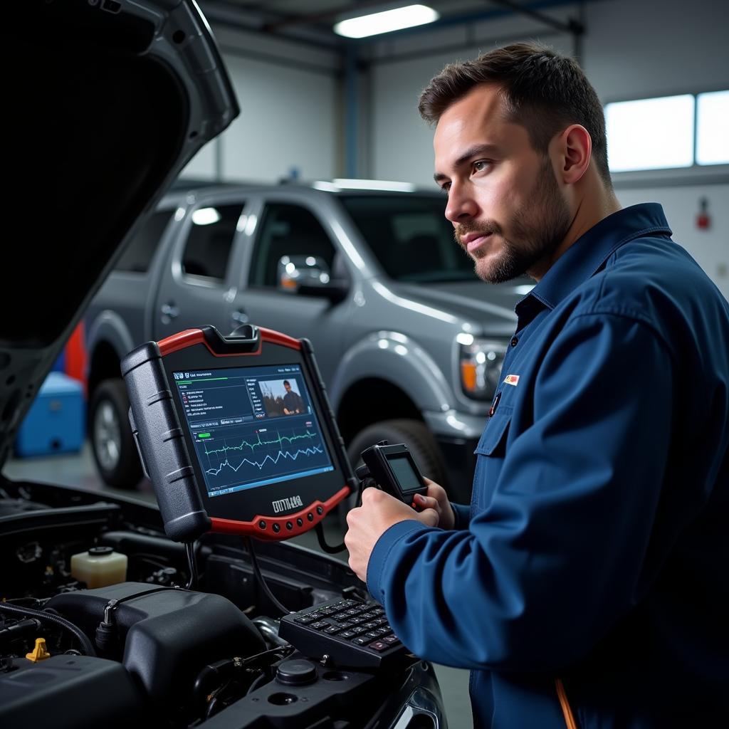 Mechanic Diagnosing Car with OBD2 Scanner