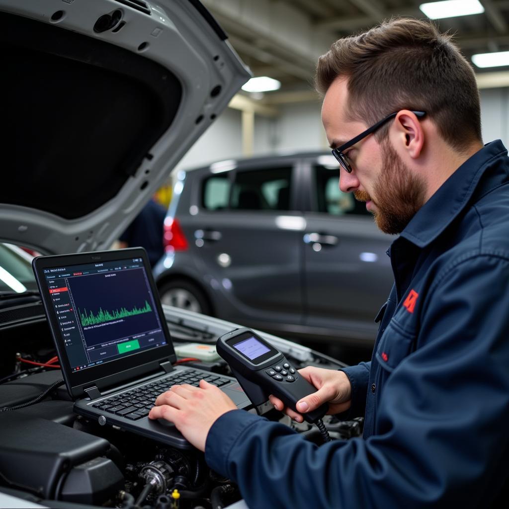 A mechanic uses a professional OBD2 scanner to diagnose a car's engine