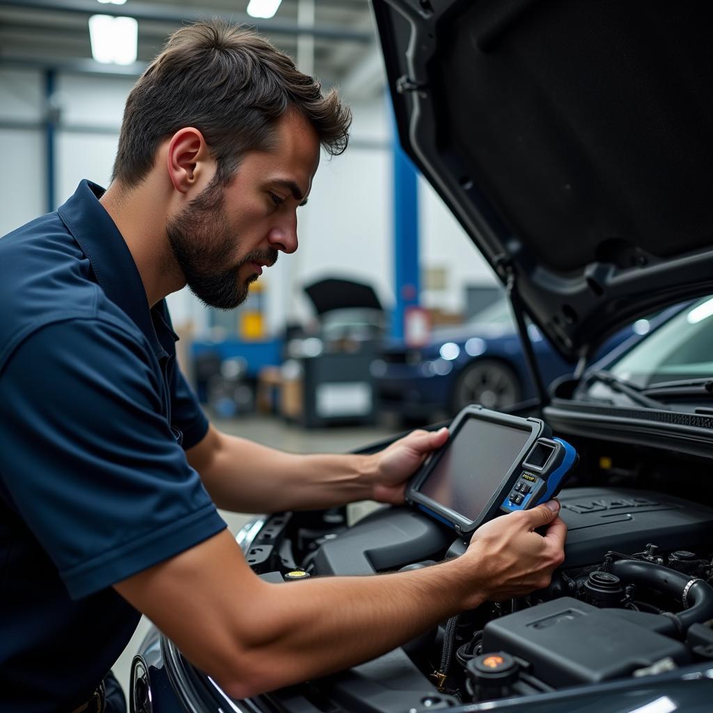 Mechanic Using Professional OBD2 Scanner