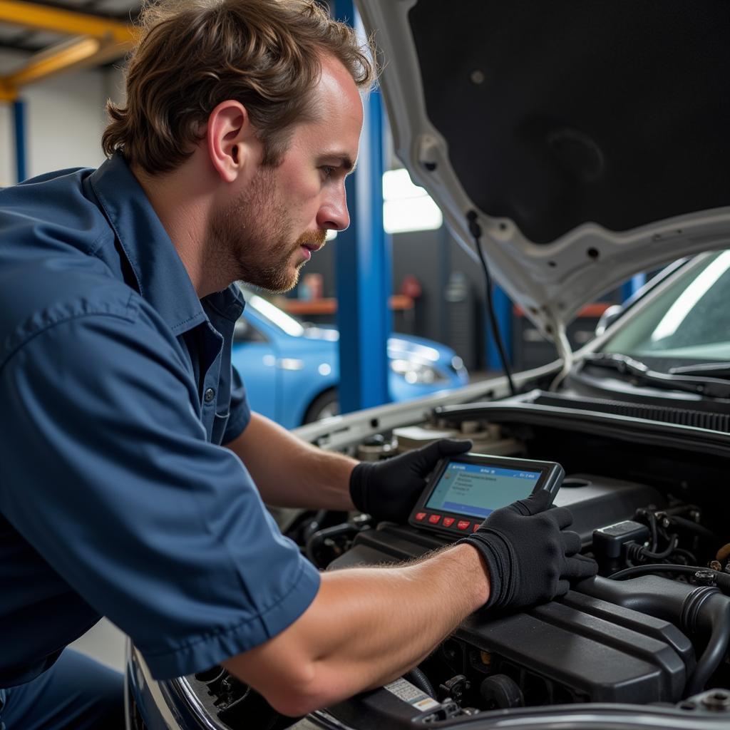 Professional Mechanic Using OBD2 Scanner