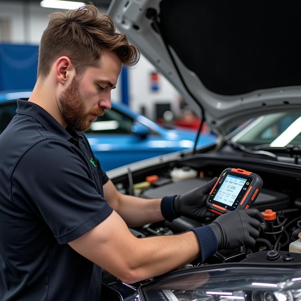 Mechanic Using Professional OBD2 Scanner