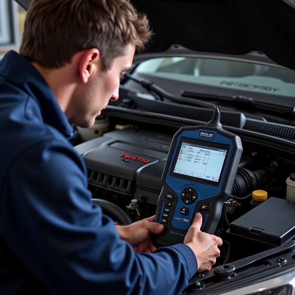 Mechanic Using Professional OBD2 Scanner on a Subaru Engine