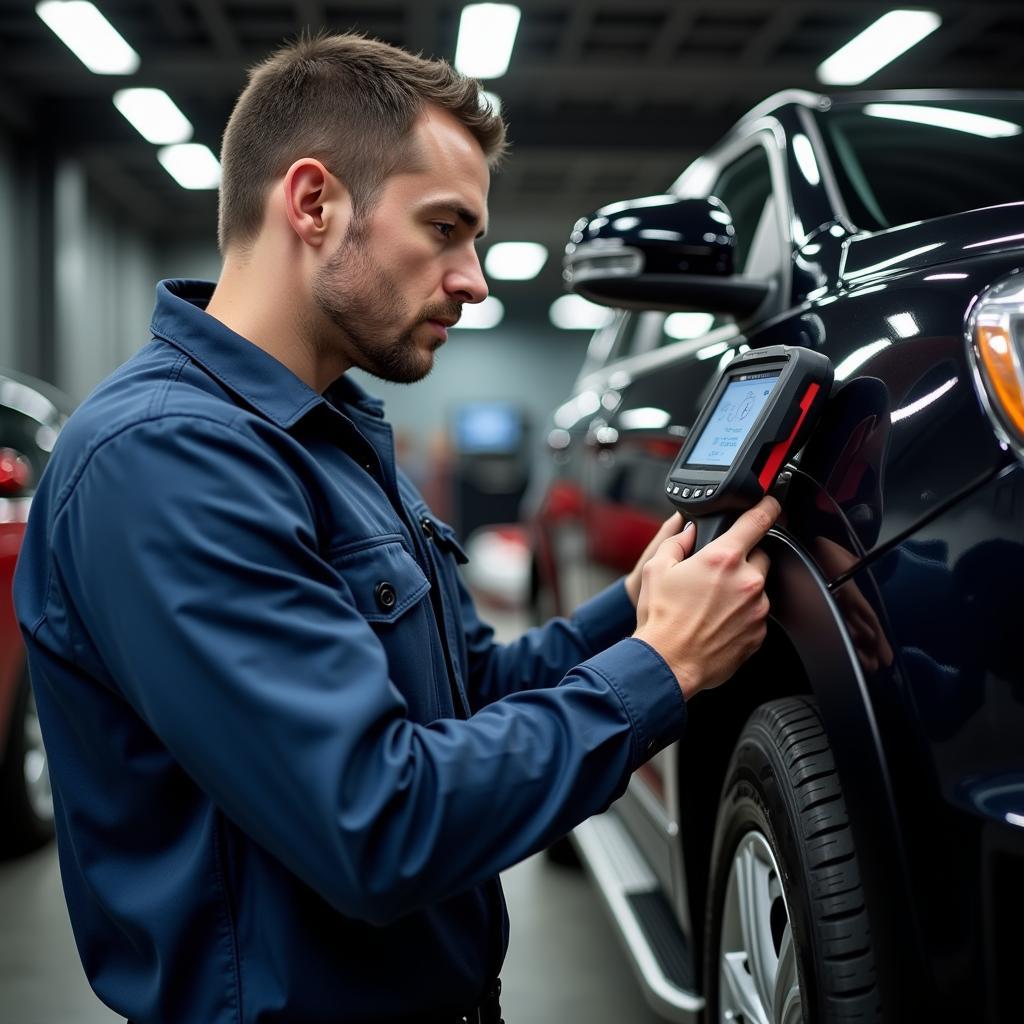 Mechanic using a professional OBD2 scanner in a workshop