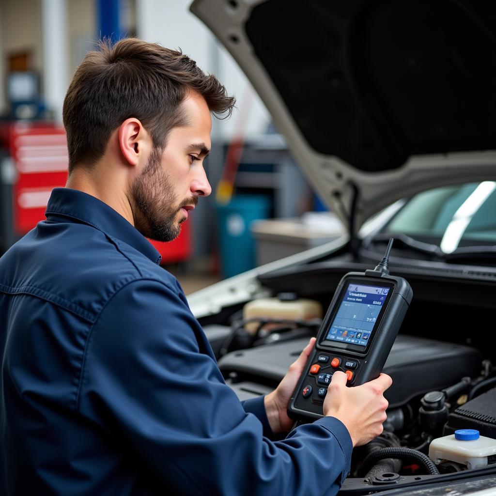 Mechanic Using Professional OBD2 Scanner