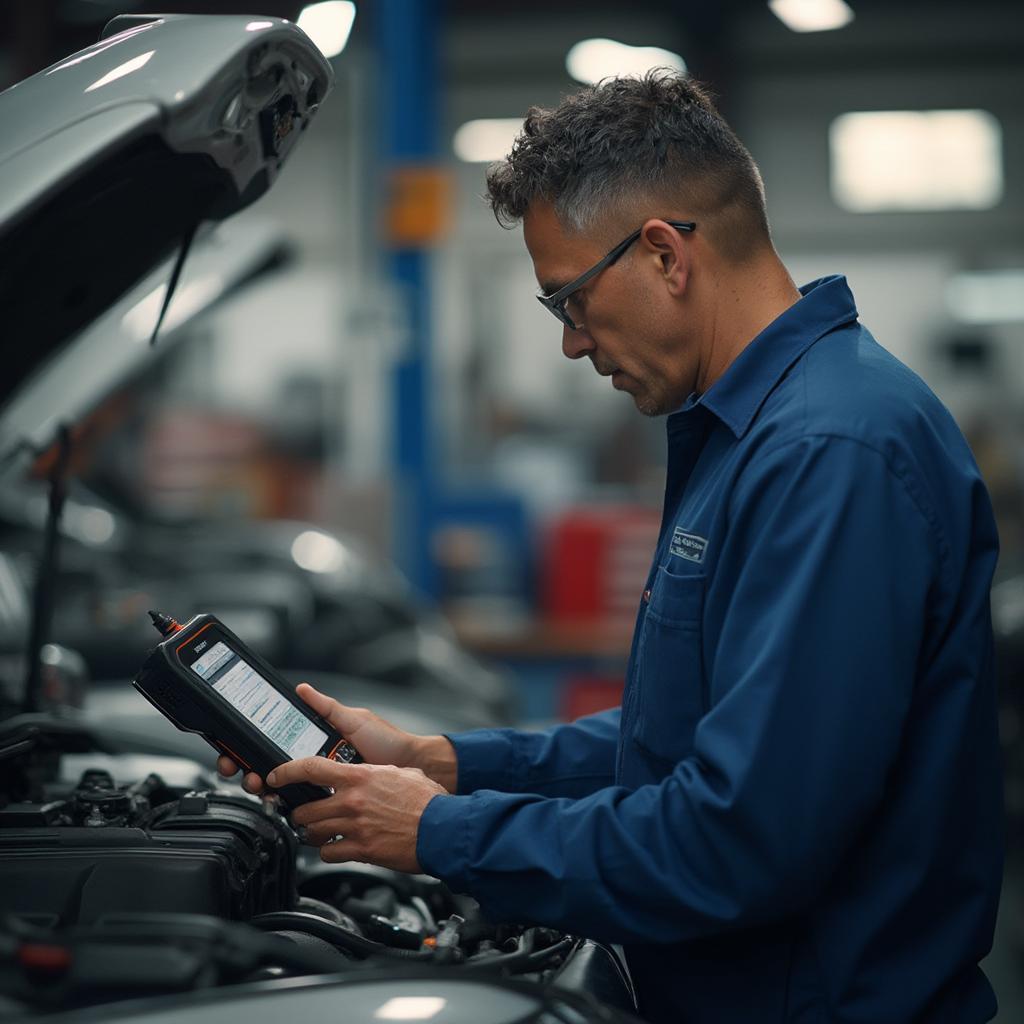 A mechanic using a professional-grade OBD2 scanner on a vehicle