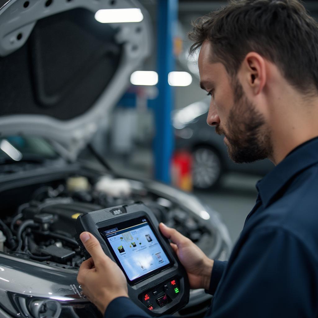 Mechanic using a professional OBD2 scanner in a garage