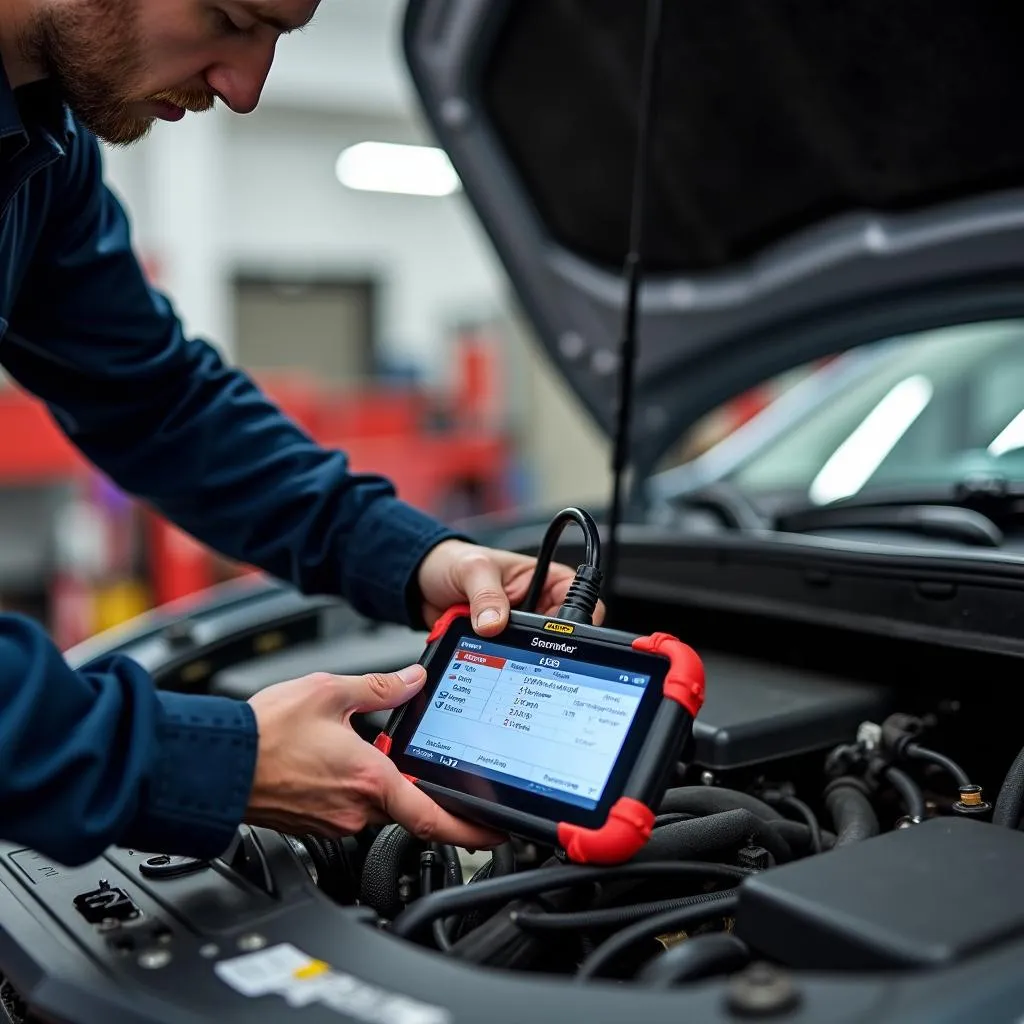 Mechanic Using Professional OBD2 Scanner for ABS Diagnostics