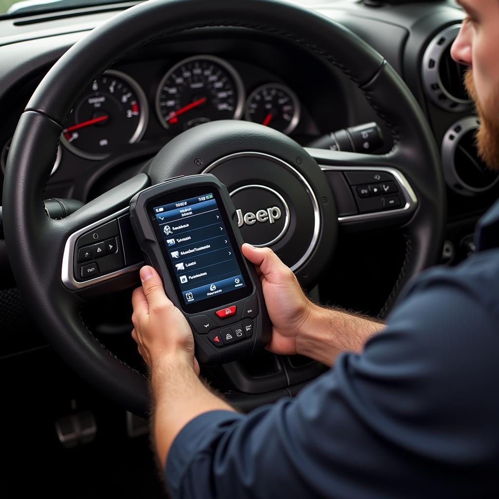 Mechanic using a professional OBD2 scanner on a 2009 Jeep Wrangler JK