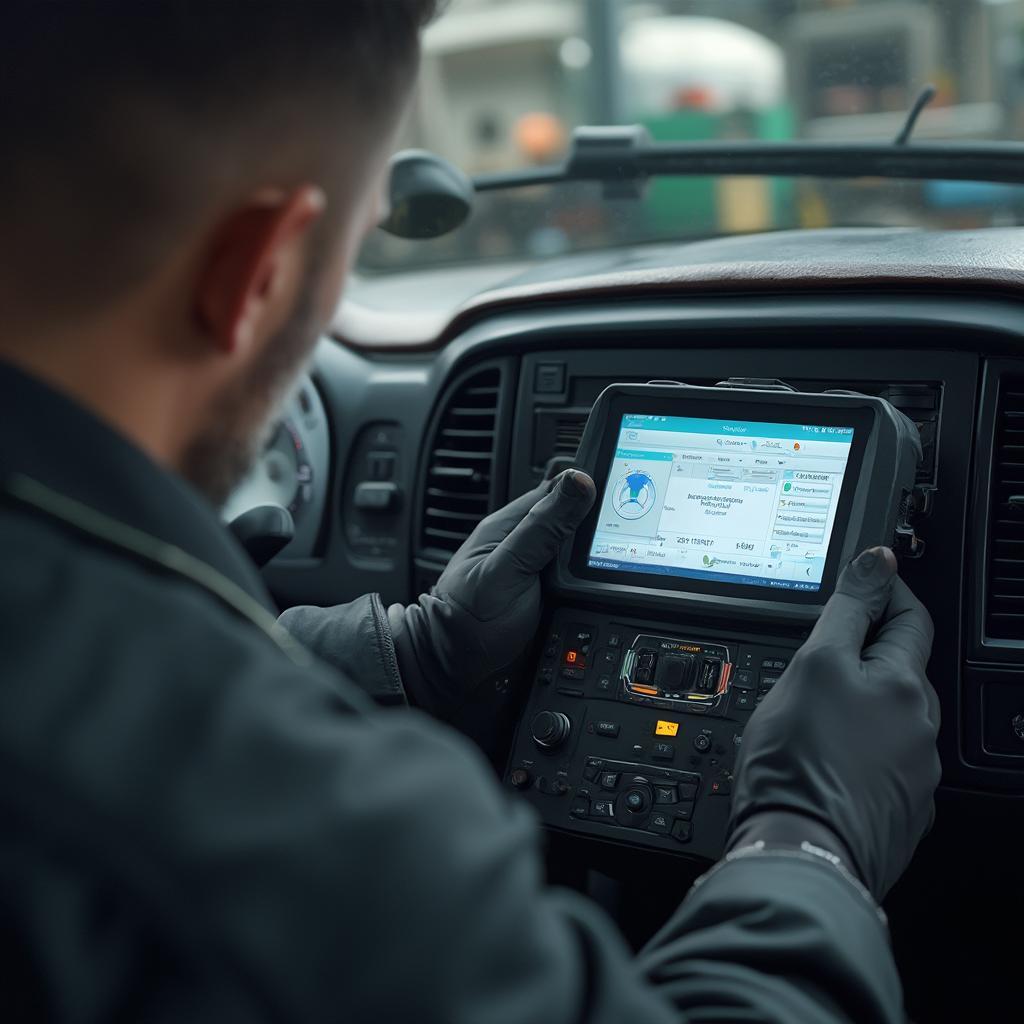 Mechanic Using a Professional OBD2 Scanner on a Car