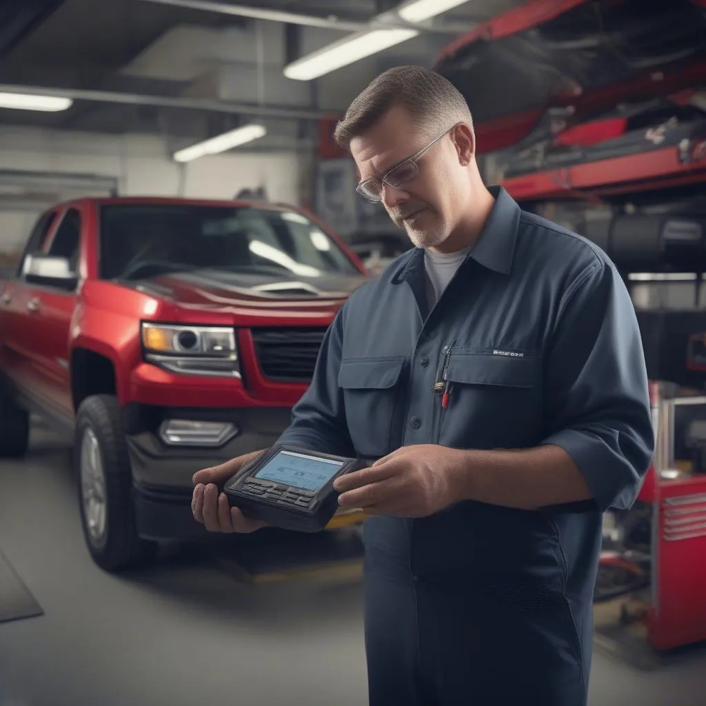 Mechanic Using Professional OBD2 Scanner on GM Vehicle