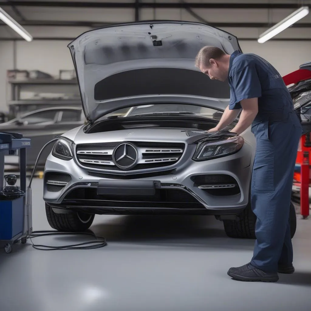 Mechanic Diagnosing Mercedes Benz with Professional OBD2 Scanner