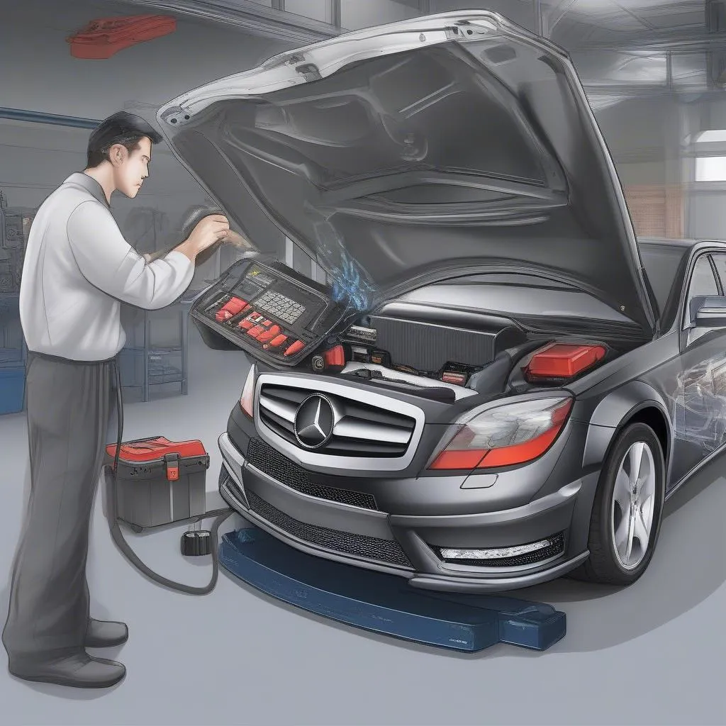 A mechanic using a professional-grade OBD2 scanner to diagnose a Mercedes W204 in a workshop.