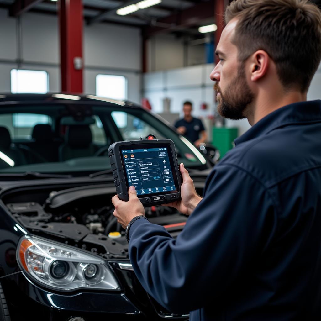 Mechanic Diagnosing Car with Scanner