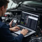 Mechanic using a programmable OBD2 scanner for performance tuning