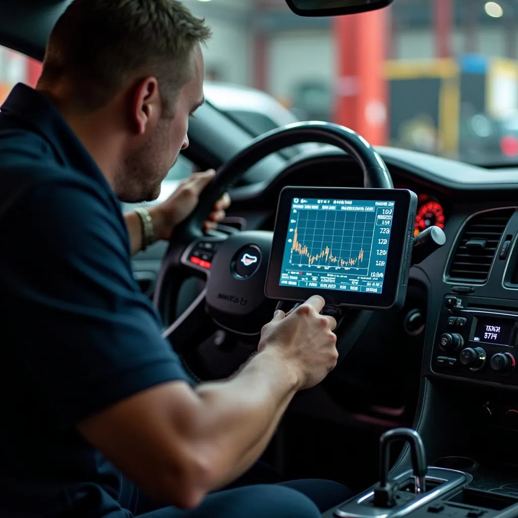 Mechanic using a Raspberry Pi OBD2 gauge for car diagnostics