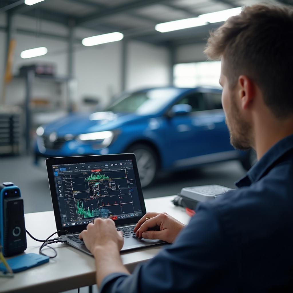 A mechanic uses Renolink to diagnose a Renault car in a garage