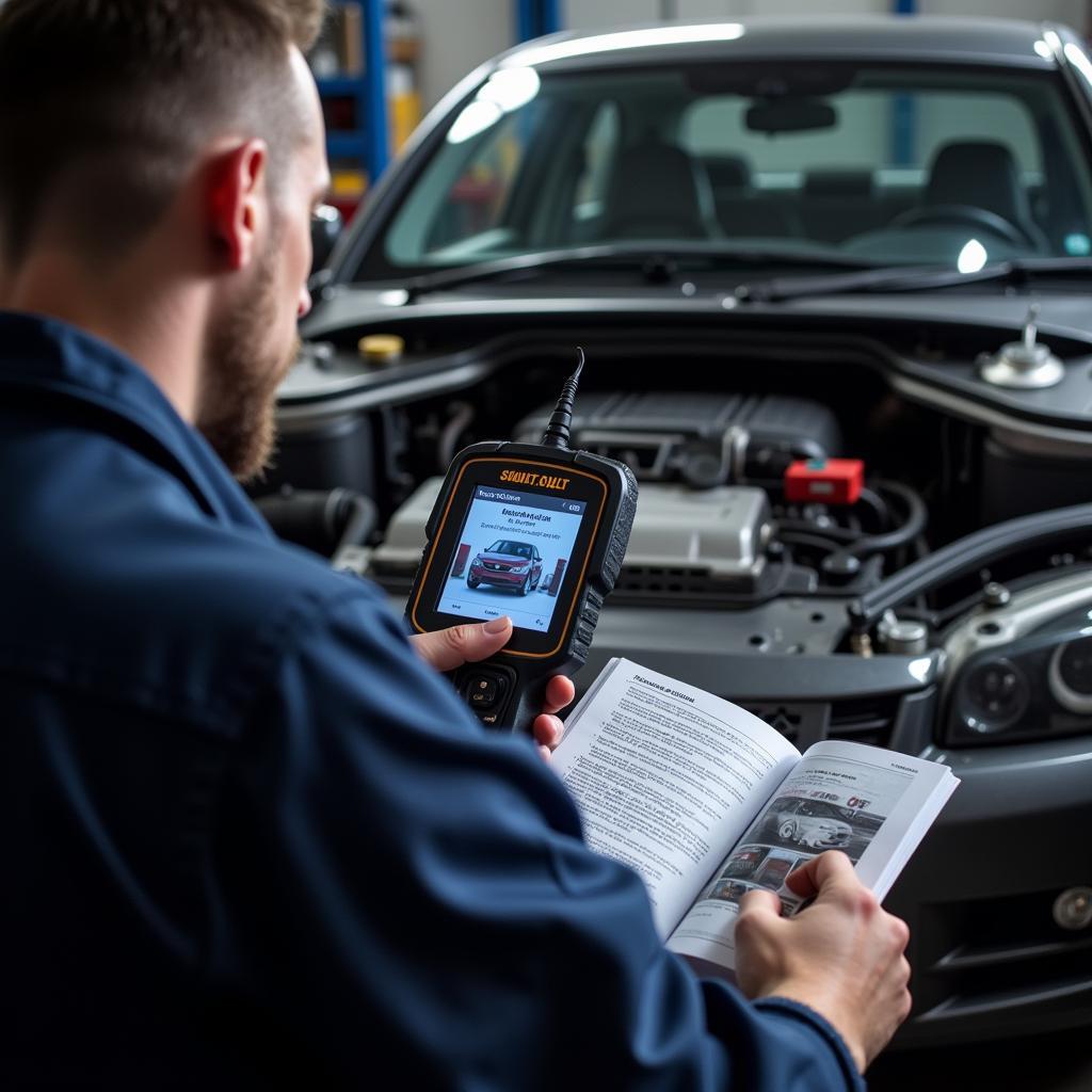 Mechanic using S15 OBD2 scanner in workshop