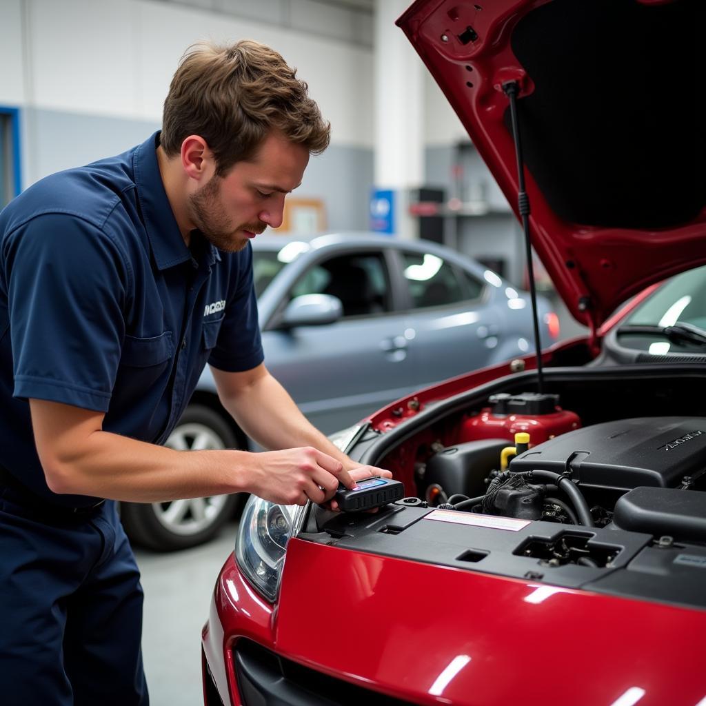 Mechanic Using an OBD2 Scanner on a Mazda Speed3