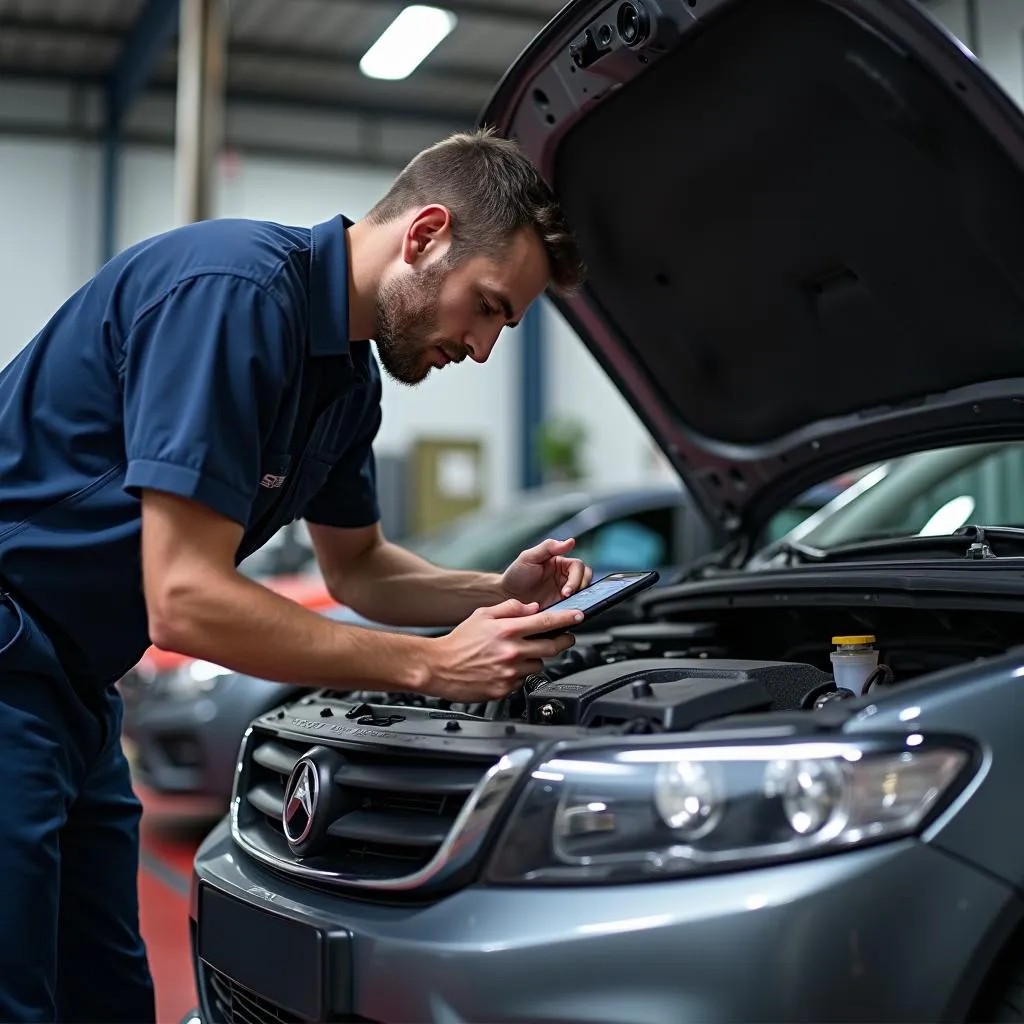 Mechanic using scanner HH OBD2 ELM327 Bluetooth to diagnose a car engine