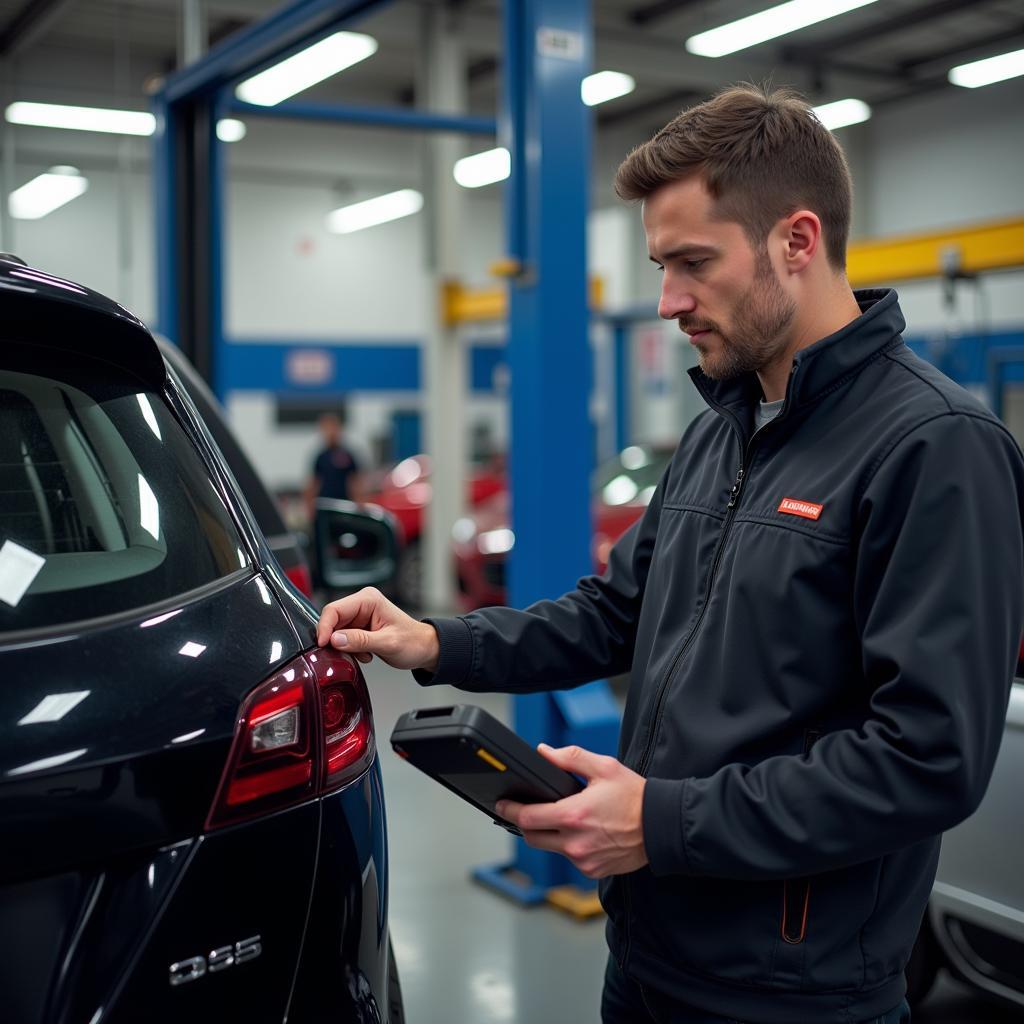 Mechanic Using OBD2 Scanner on a French Car