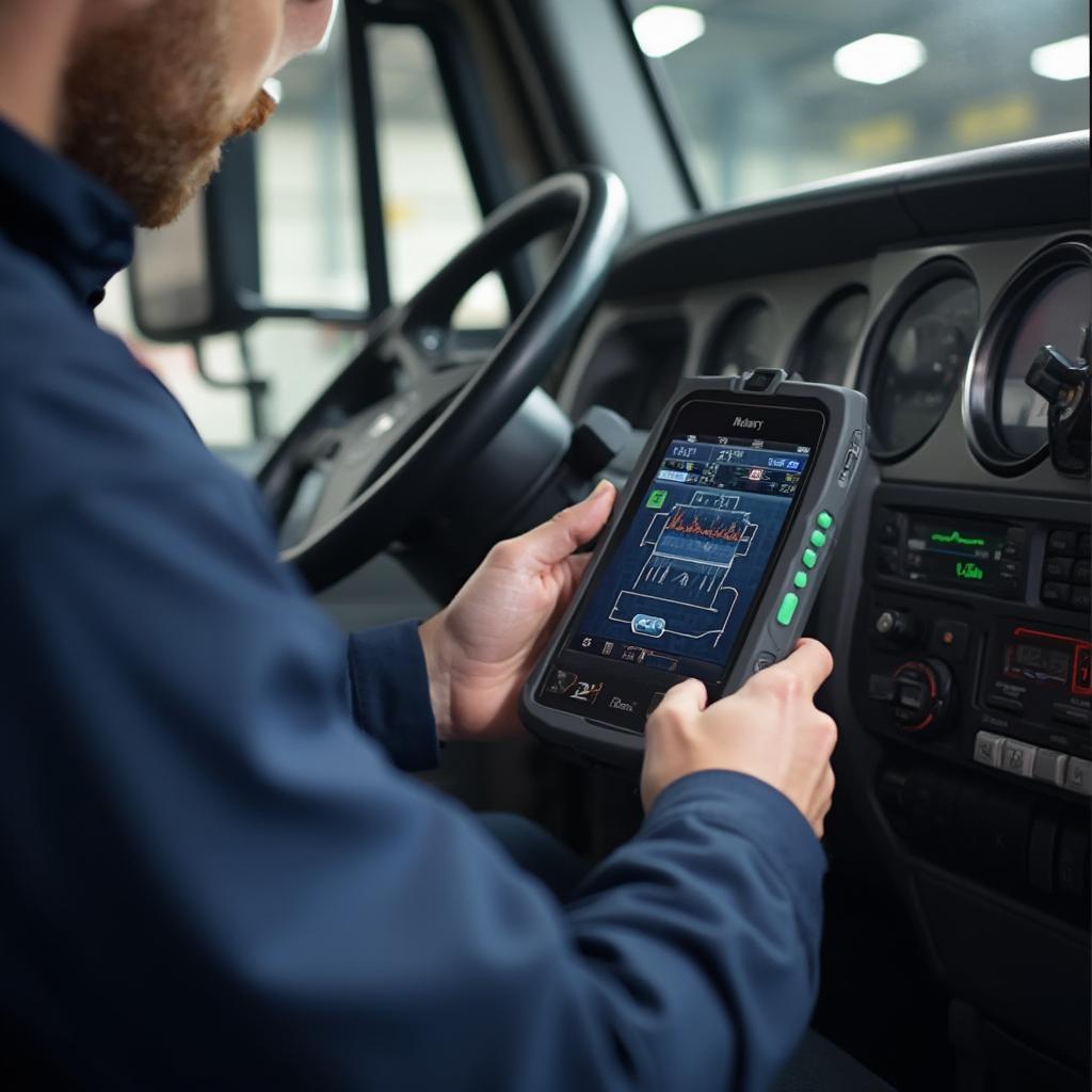 Mechanic Using Semi Truck Bluetooth OBD2 Scanner