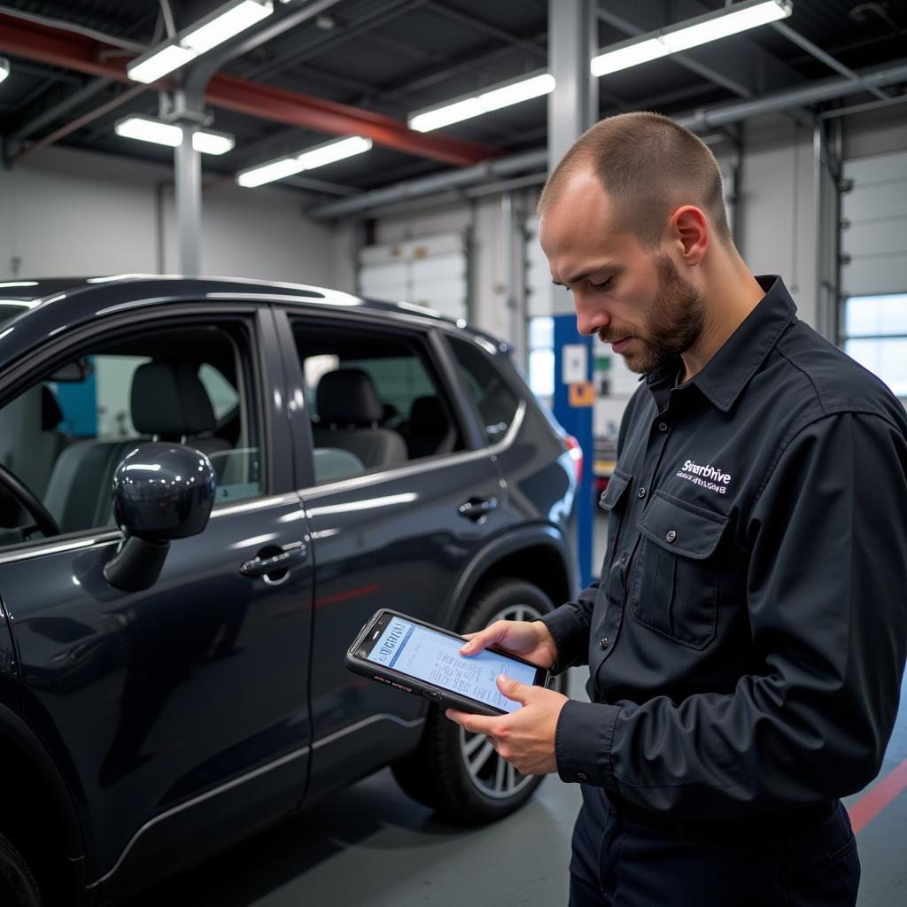 Mechanic using SmartDrive OBD2 scanner to diagnose a car problem