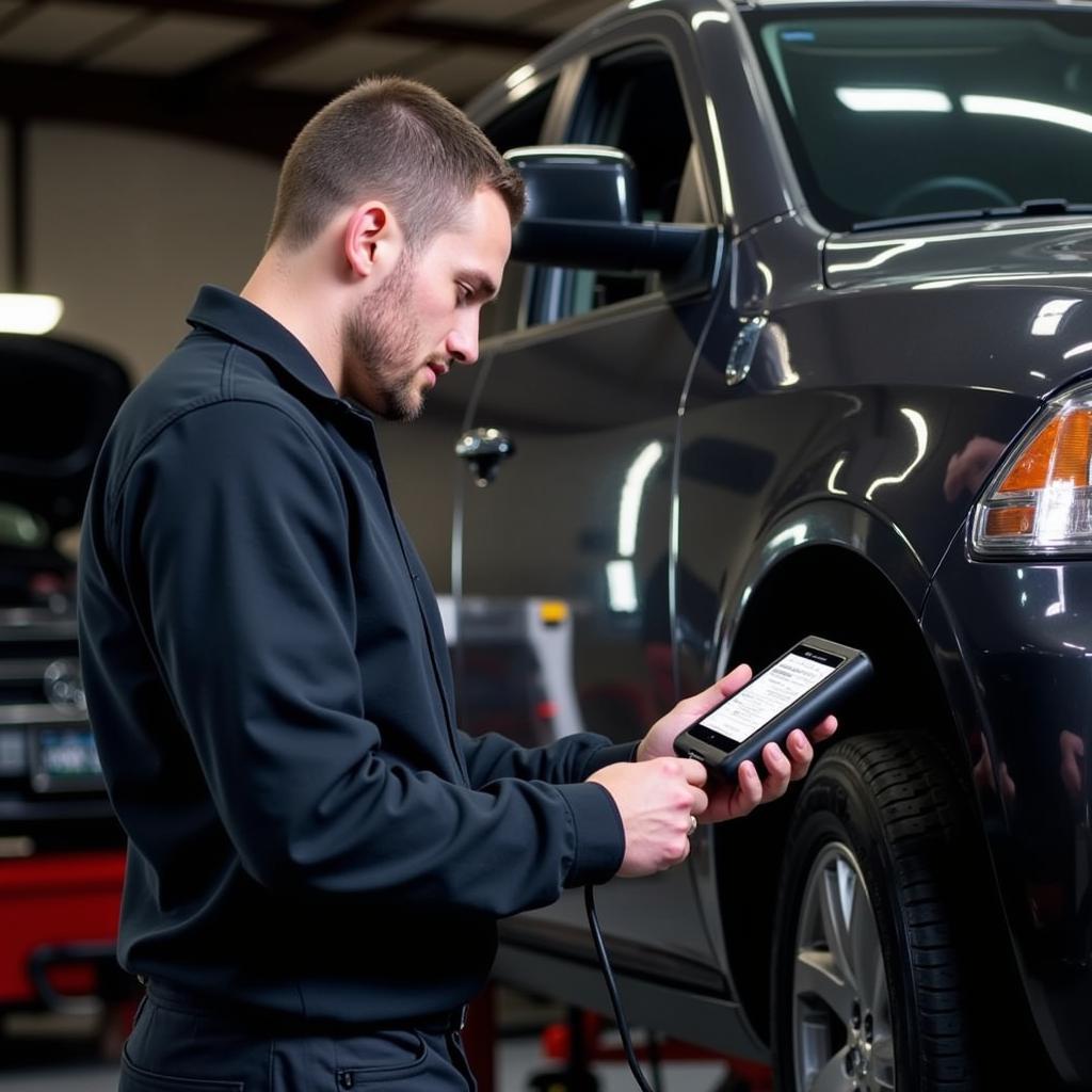 Mechanic using a Snap-on scanner and OBD2 cable for vehicle diagnostics