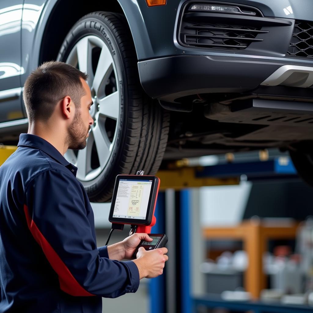 Mechanic Using SSD IDS OBD2 for Car Repair in Workshop