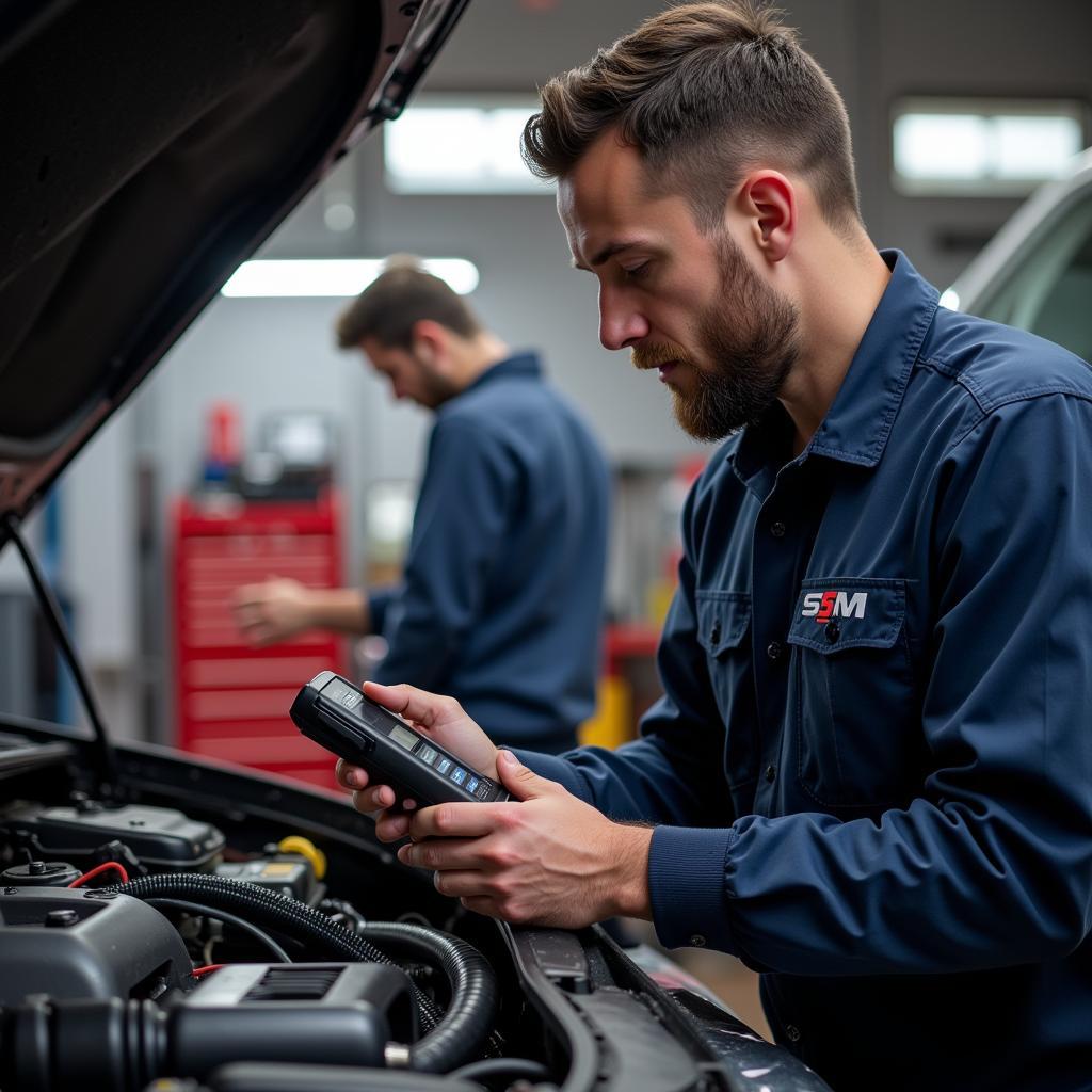 Mechanic Using SSM OBD2 Bluetooth Scanner