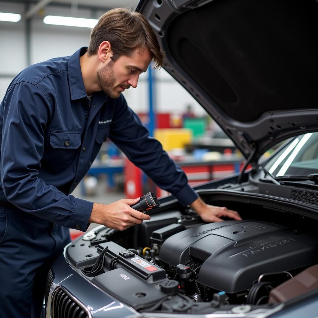 Mechanic using a super mini OBD2 Bluetooth scanner to diagnose a car