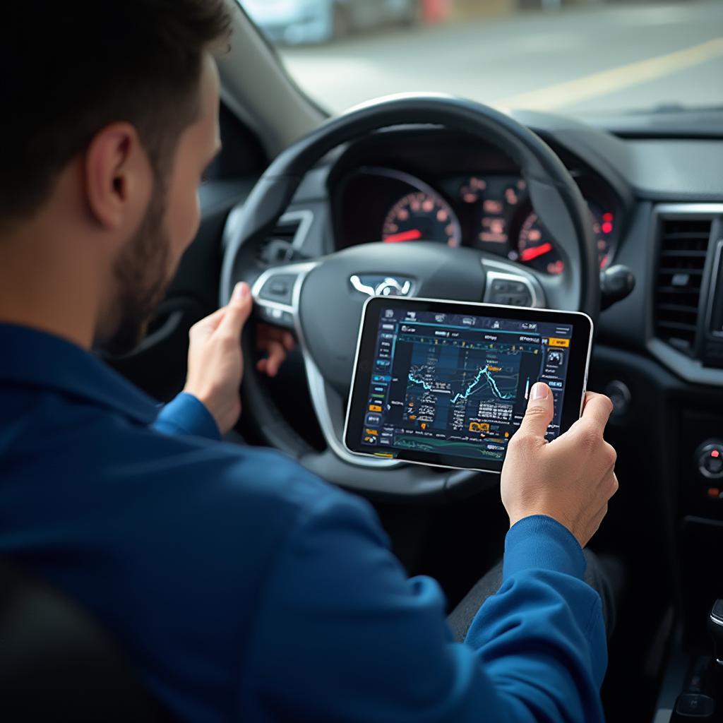 A mechanic using a tablet to diagnose a car remotely using an OBD2 4G LTE scanner.