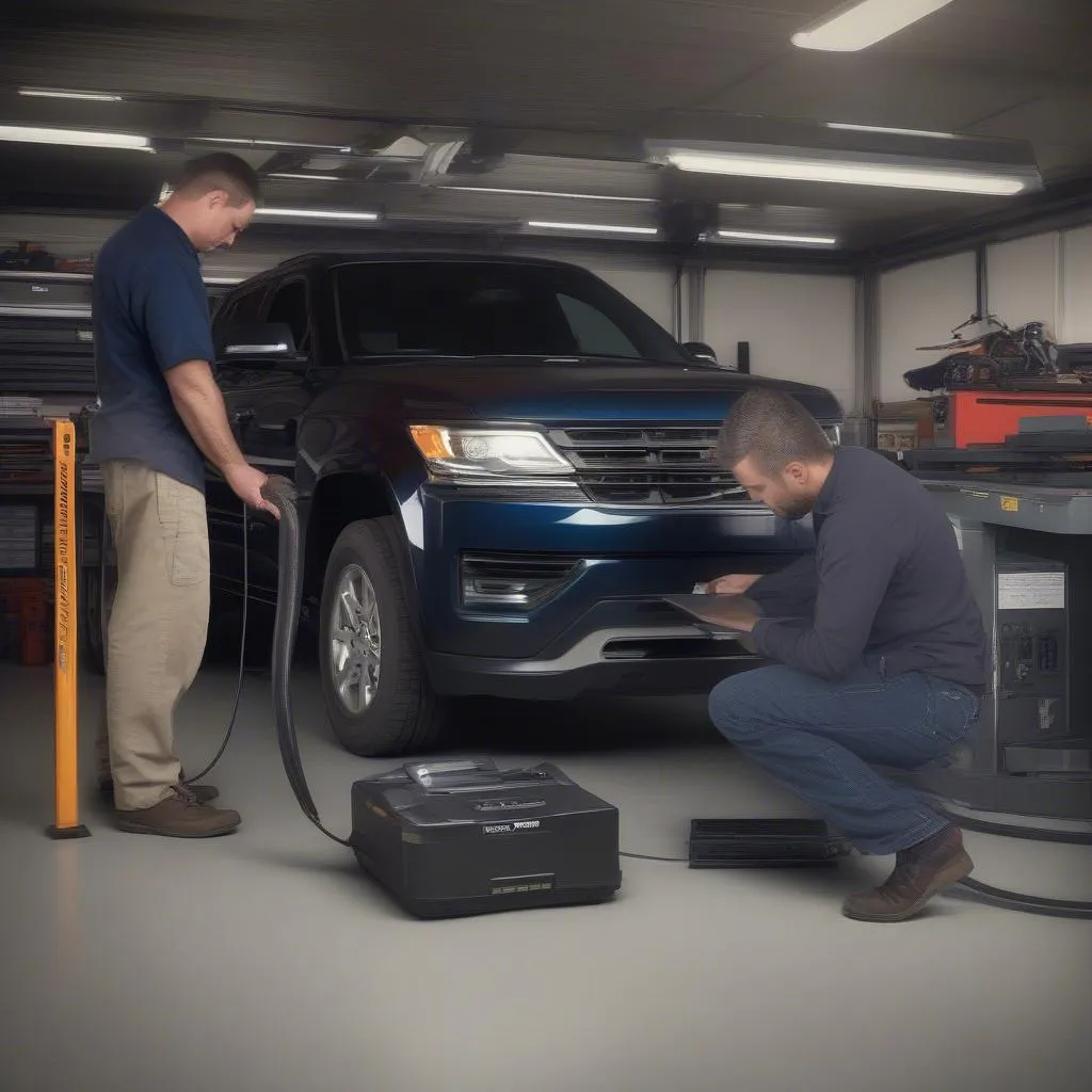 Mechanic using the Tech2 scanner in a garage