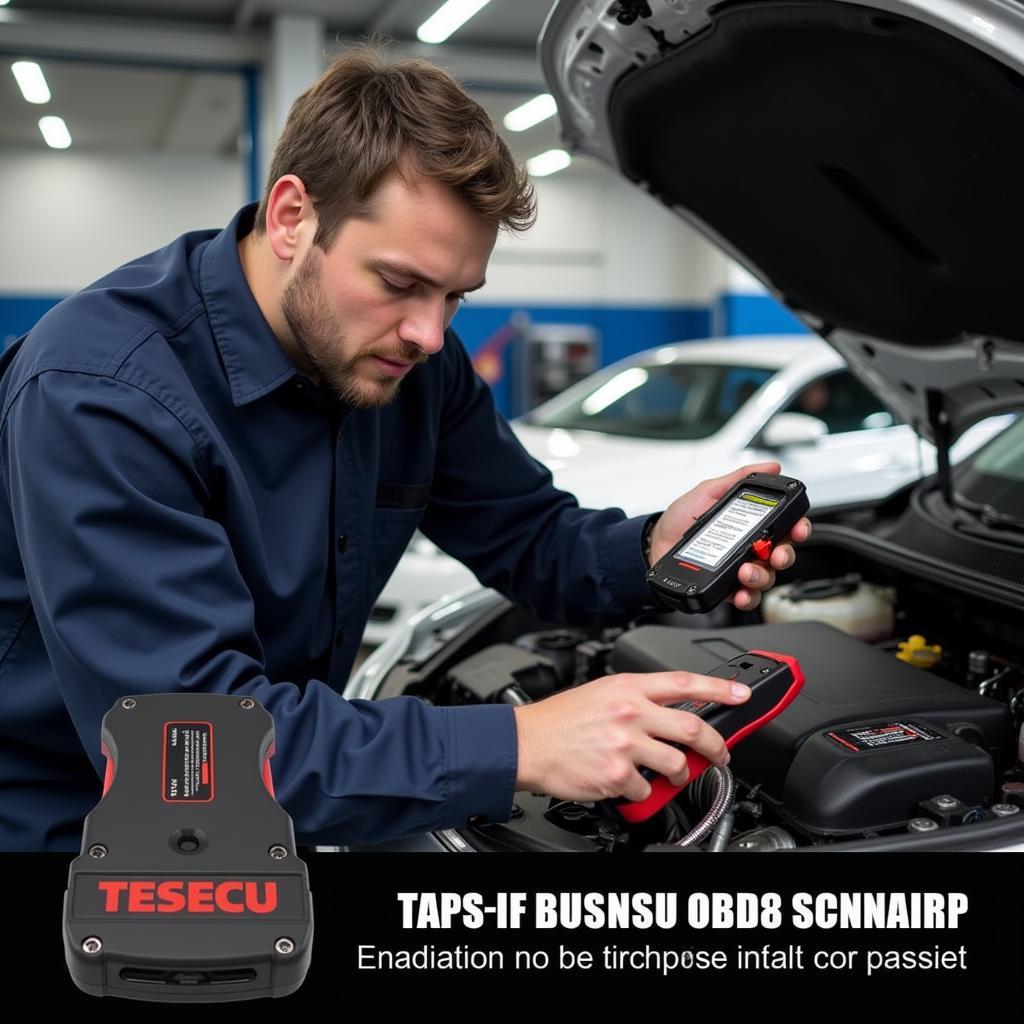 Mechanic Using Tesecu OBD2 Scanner in Garage