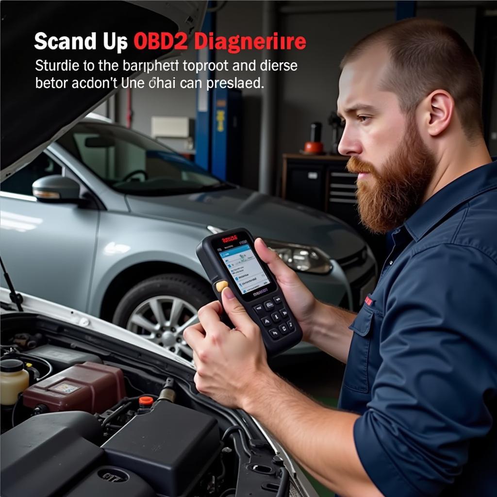 Mechanic using a Tvird OBD2 scanner to diagnose a car problem