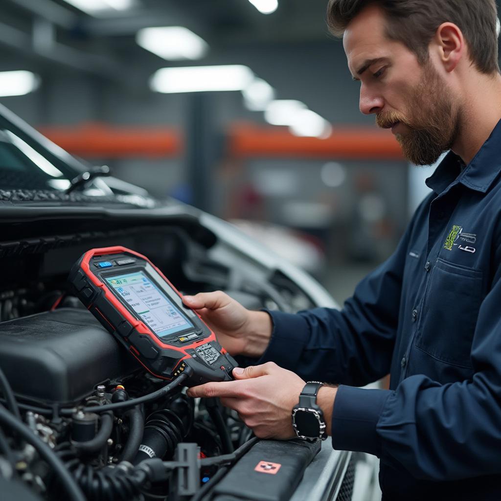 Mechanic diagnosing car with the U480 OBD2 scanner