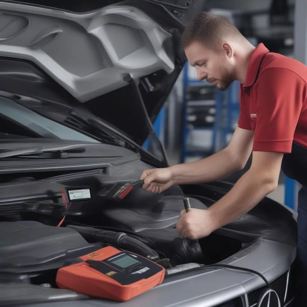 Mechanic using a U480 OBD2 scanner to diagnose a Mercedes Benz