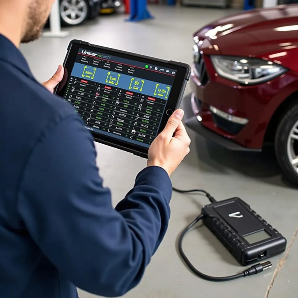 Mechanic diagnosing a car issue with the UnicarScan UCSI-2100 and a tablet