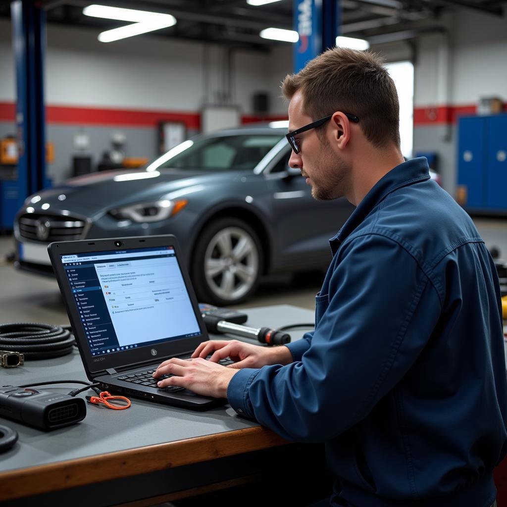 Mechanic Using USB OBD2 Code Reader in Garage