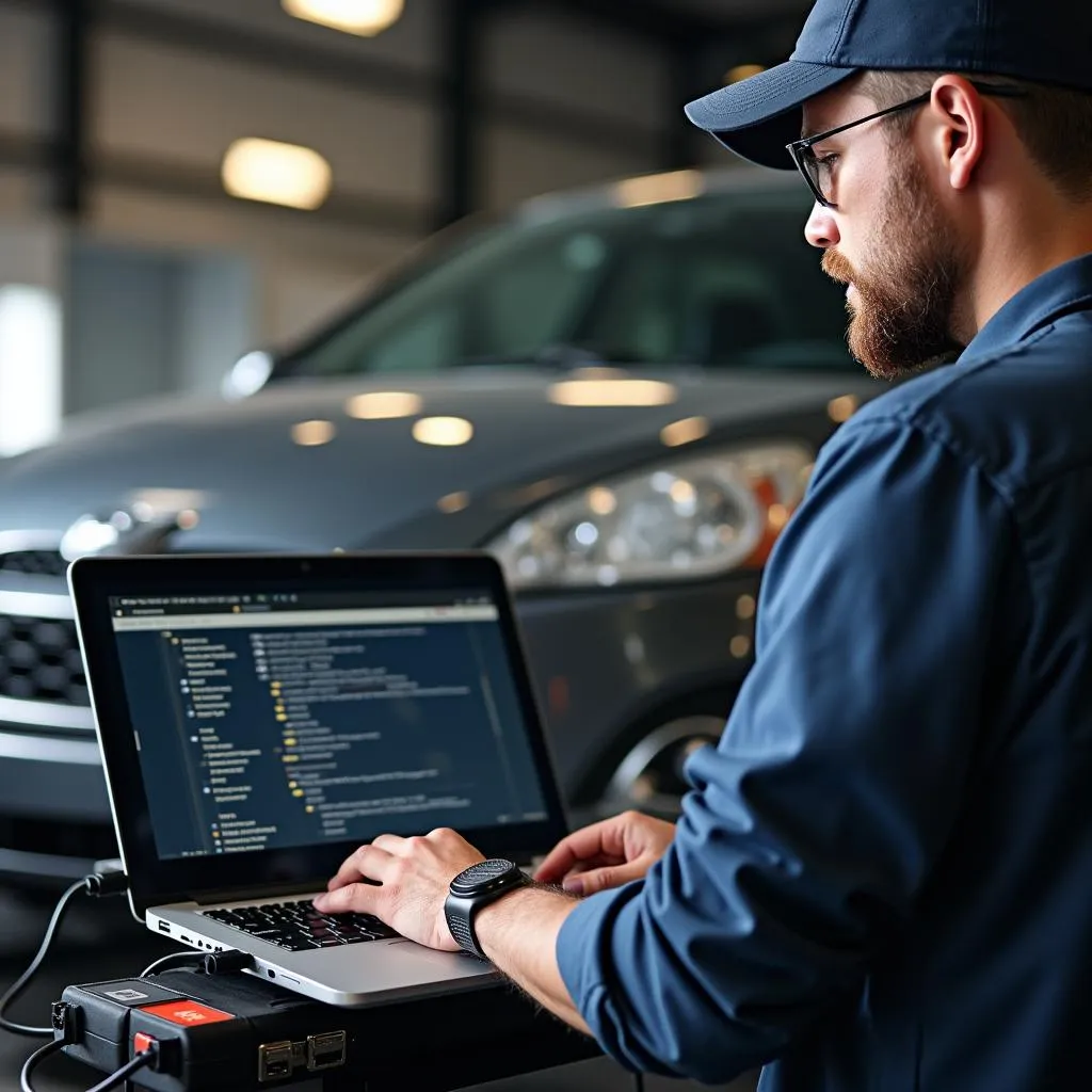 Mechanic Using USB Scan Tool to Diagnose Car Issue