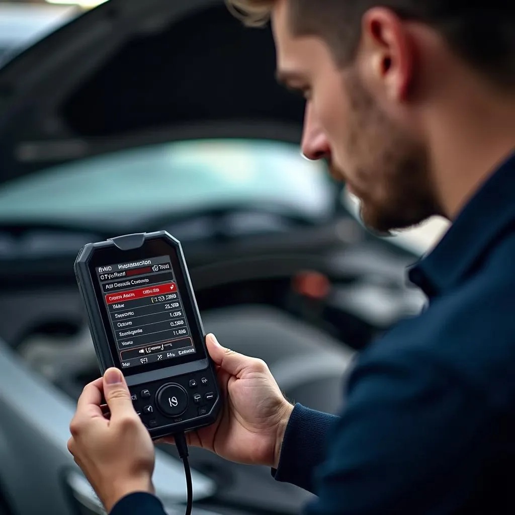 Mechanic using the V519 OBD2 scanner to diagnose a car issue