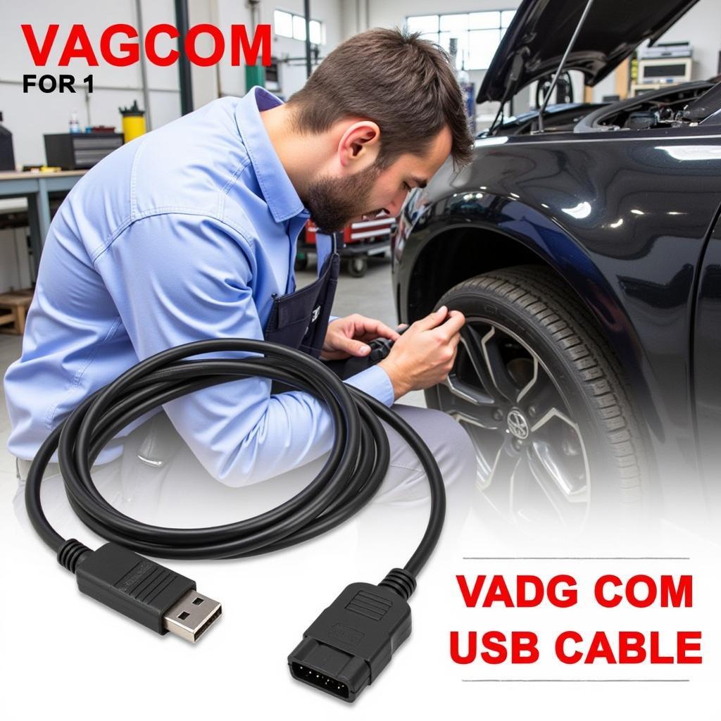 A mechanic using the VAG COM KKL 409.1 OBD2 USB cable to diagnose a car