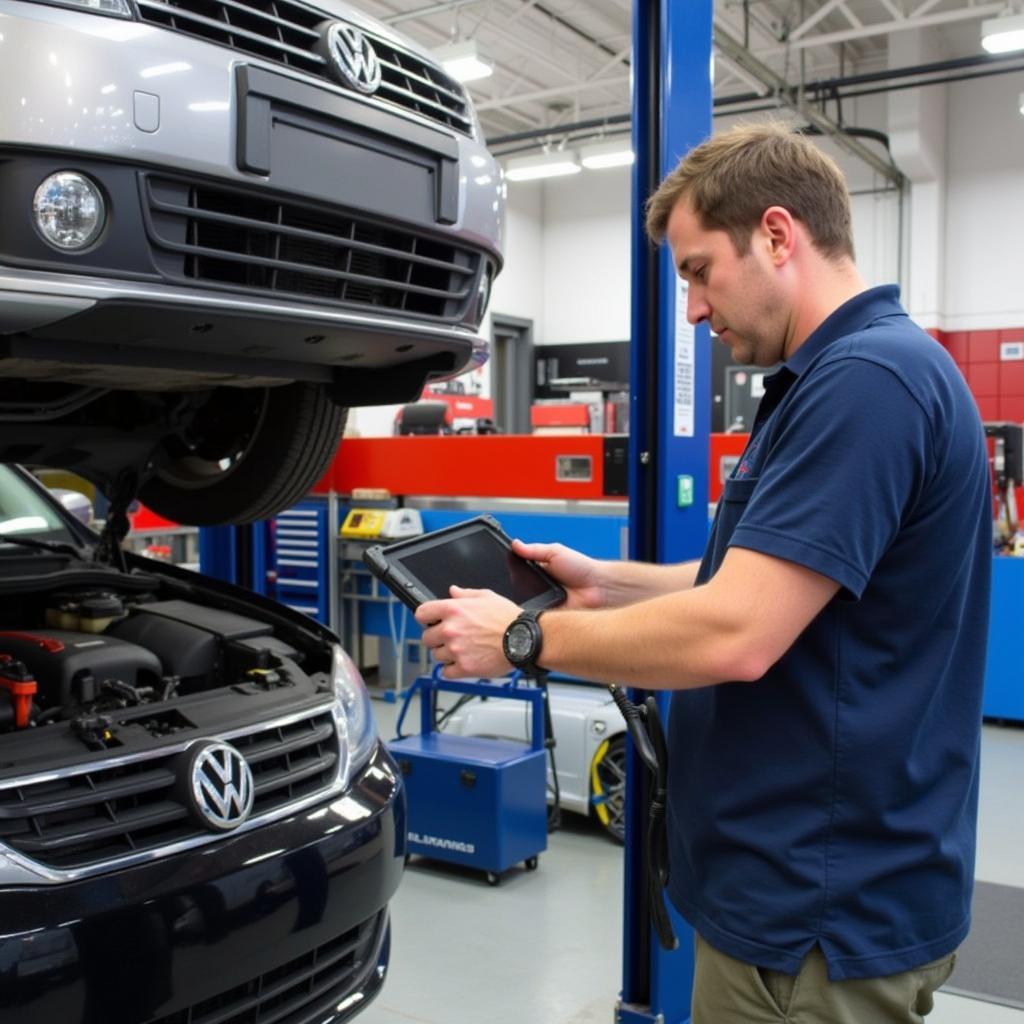 A mechanic using the VAG COM VCDS 2015 to diagnose a car problem