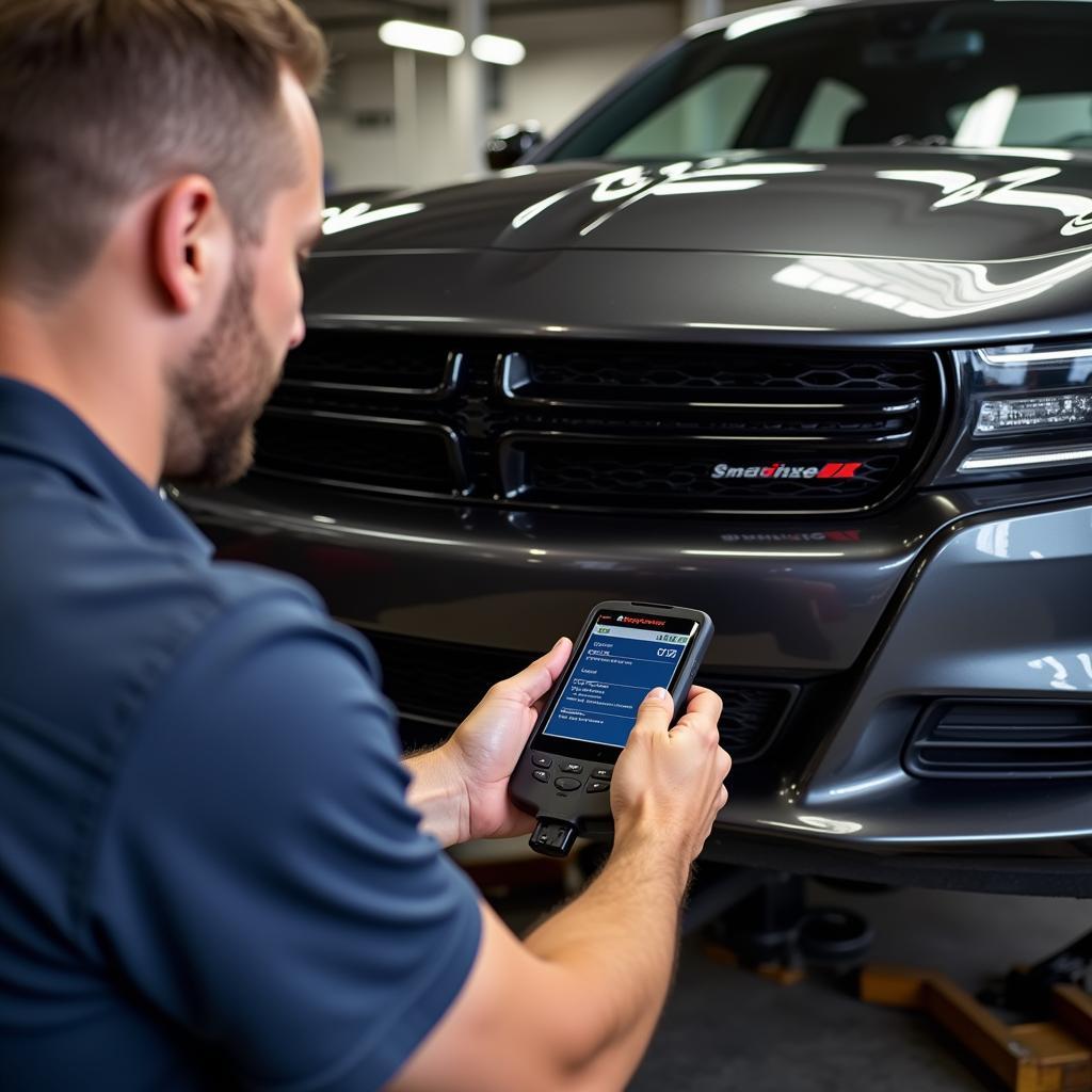 Mechanic Using a VeePeak OBD2 Bluetooth Scanner to Diagnose a Dodge Charger