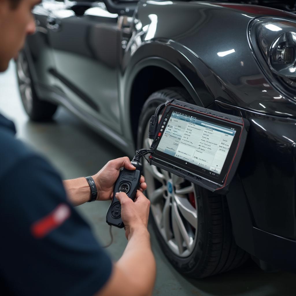 Mechanic Using VeePeak OBD2 Scanner in Workshop